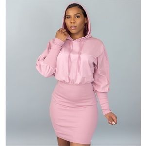 French Terry Ribbed Long Sleeve Dress W/ Hoodie Pink Size Medium